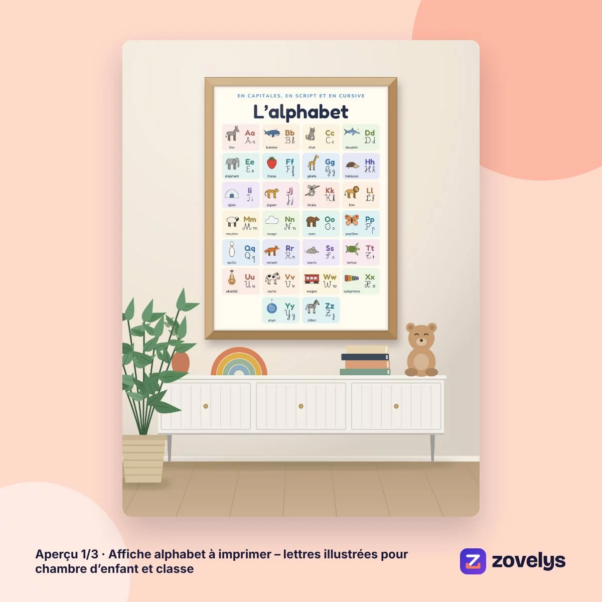 Affiche alphabet à imprimer – lettres illustrées pour chambre d’enfant et classe – aperçu 1