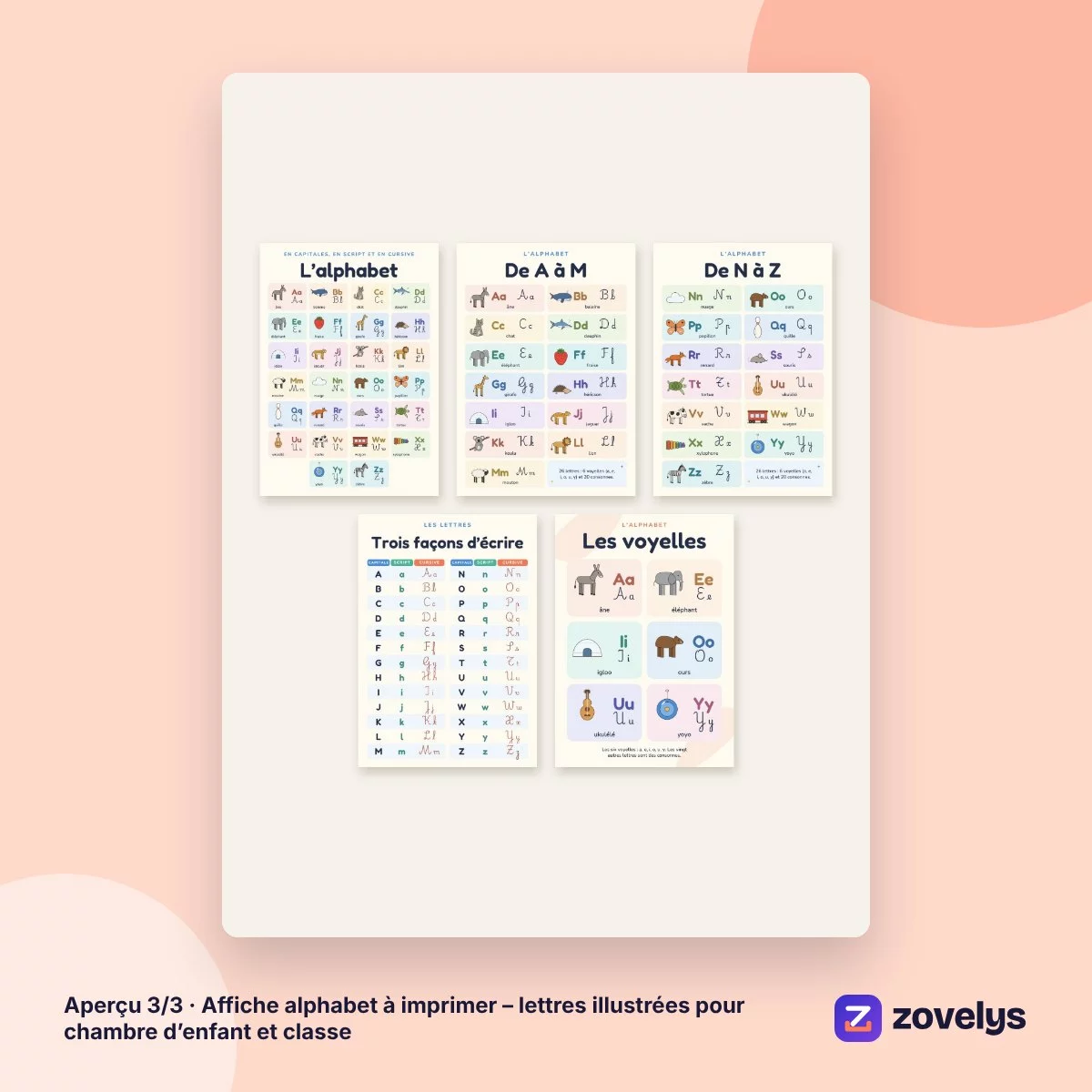 Affiche alphabet à imprimer – lettres illustrées pour chambre d’enfant et classe – aperçu 3