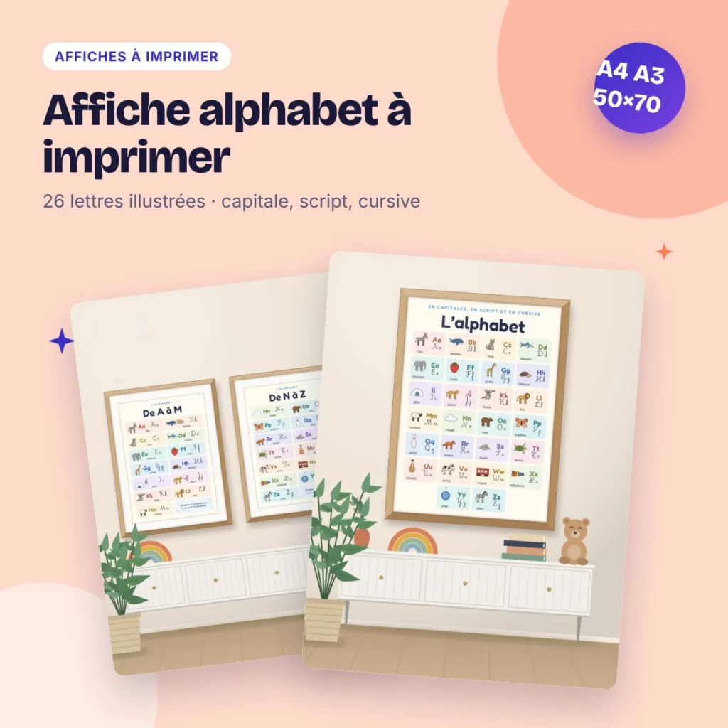 Affiche alphabet à imprimer – lettres illustrées pour chambre d’enfant et classe