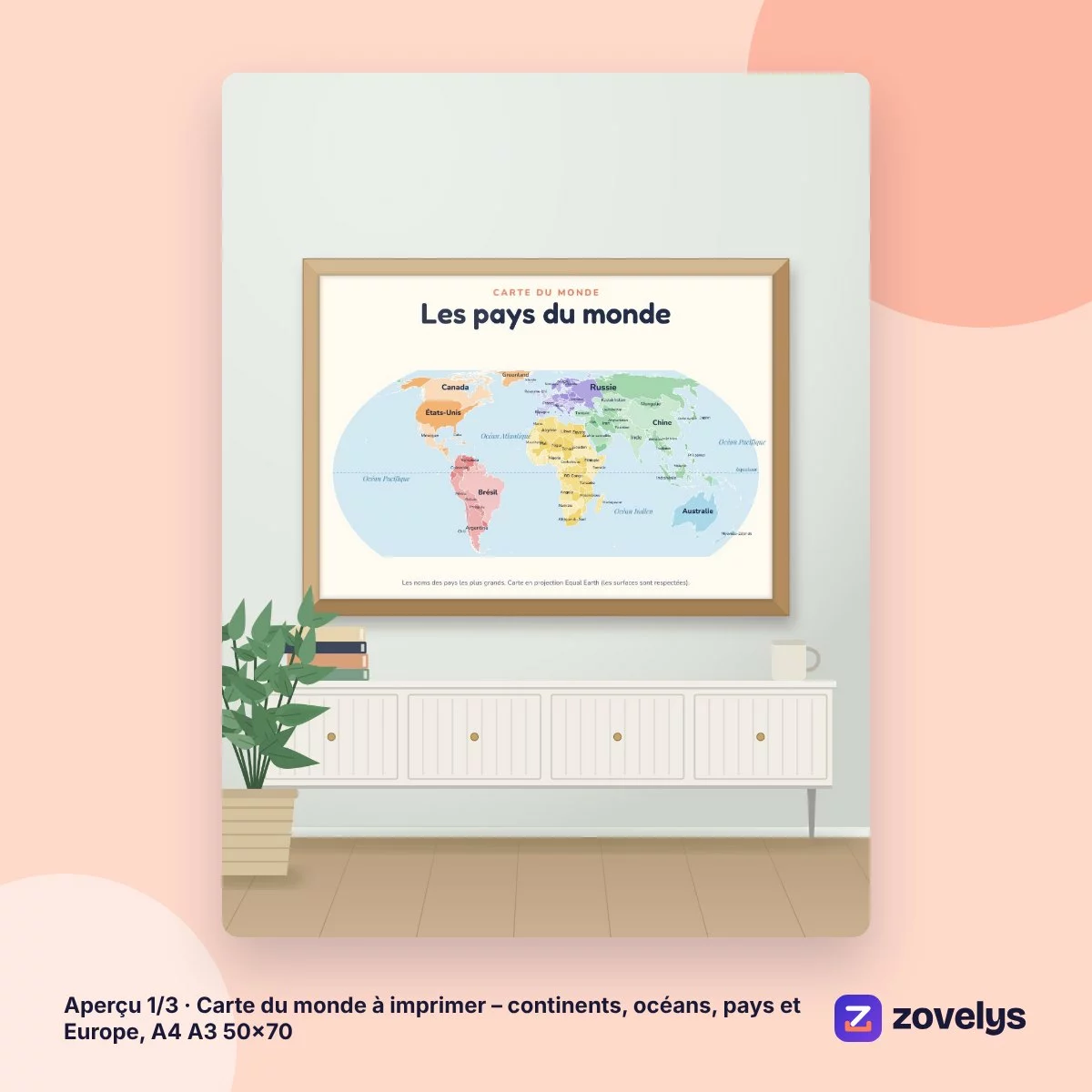 Carte du monde à imprimer – continents, océans, pays et Europe, A4 A3 50×70 – aperçu 1