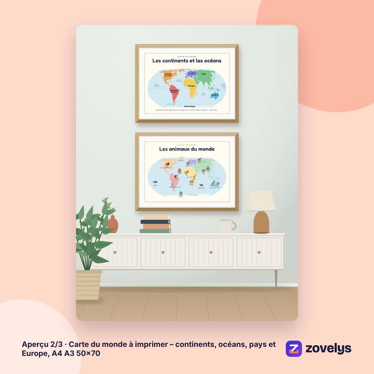 Carte du monde à imprimer – continents, océans, pays et Europe, A4 A3 50×70 – aperçu 2