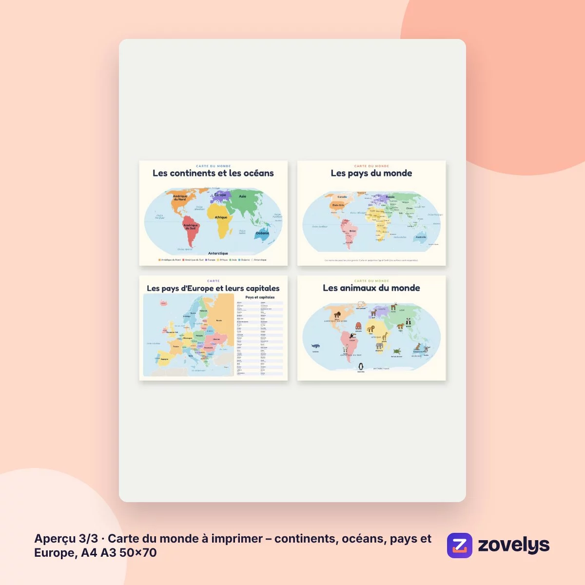 Carte du monde à imprimer – continents, océans, pays et Europe, A4 A3 50×70 – aperçu 3