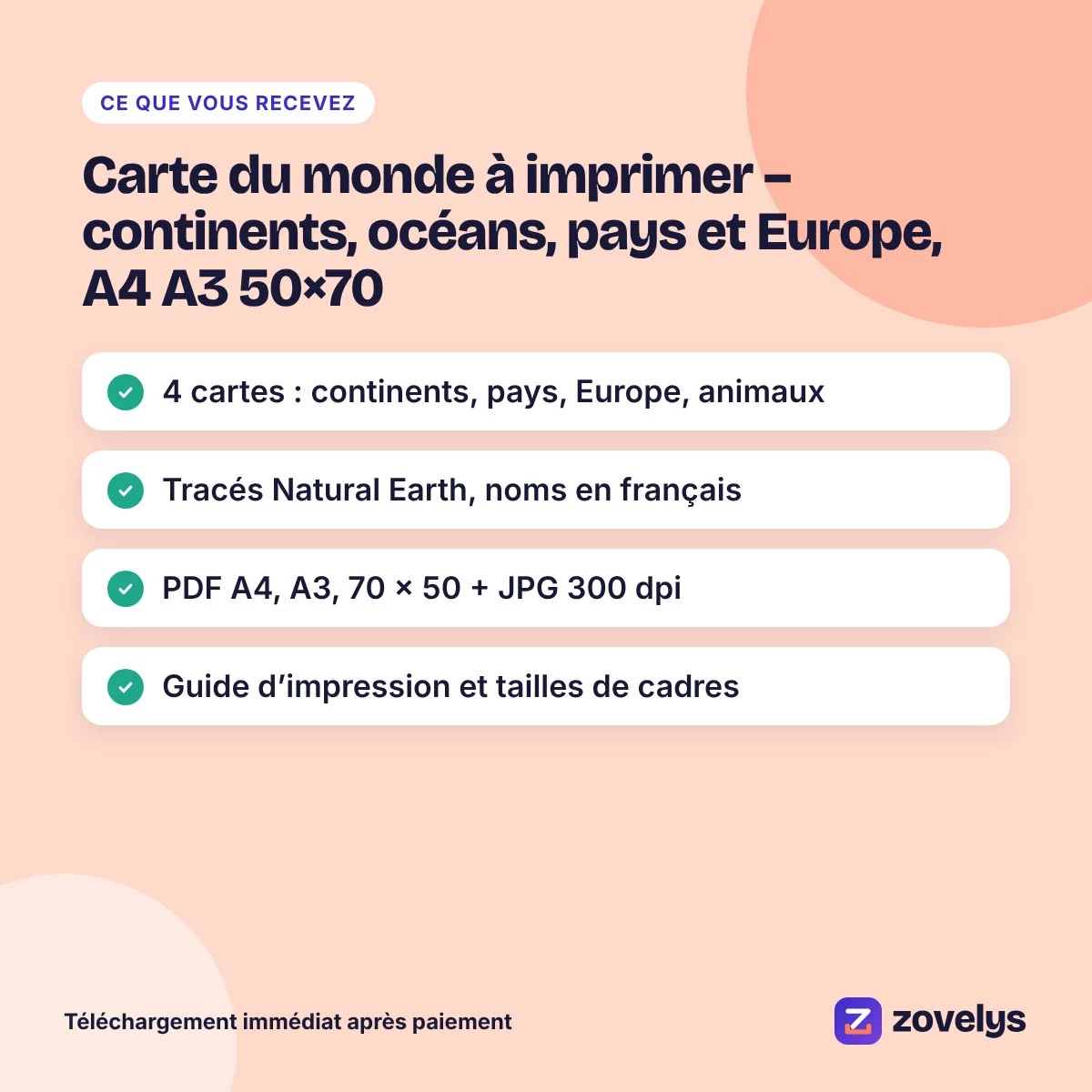 Carte du monde à imprimer – continents, océans, pays et Europe, A4 A3 50×70 – aperçu 4