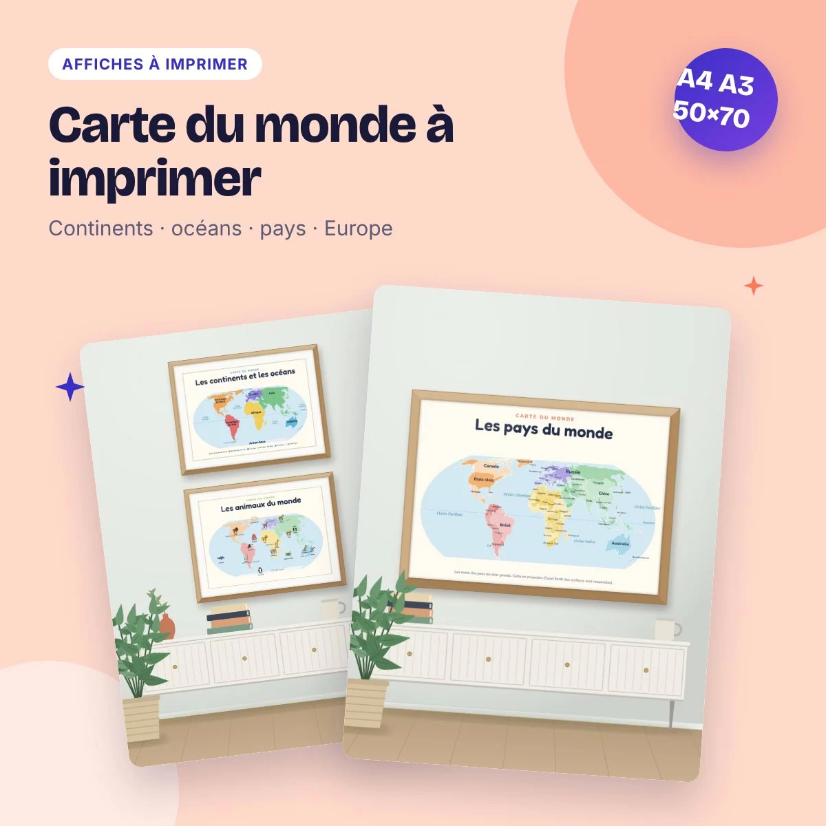 Carte du monde à imprimer – continents, océans, pays et Europe, A4 A3 50×70