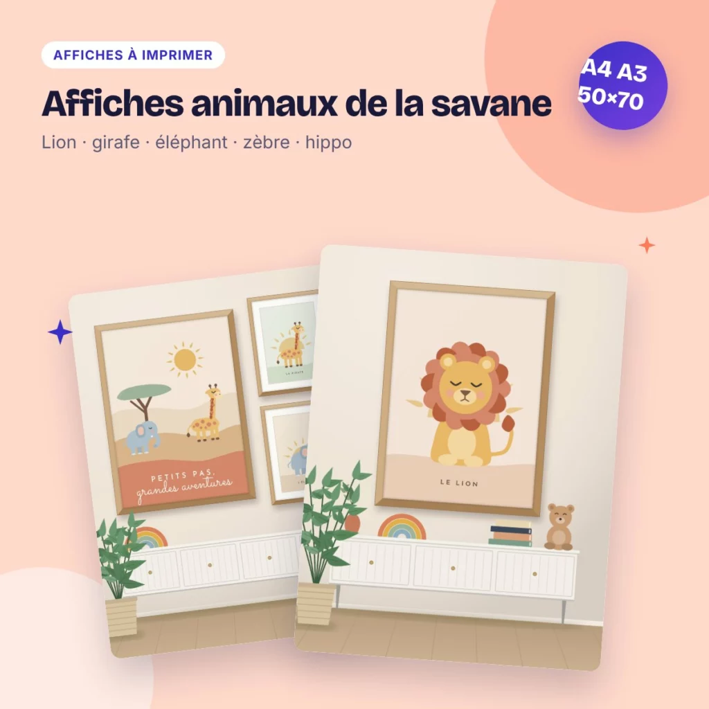 Affiches animaux de la savane – déco chambre bébé boho à imprimer