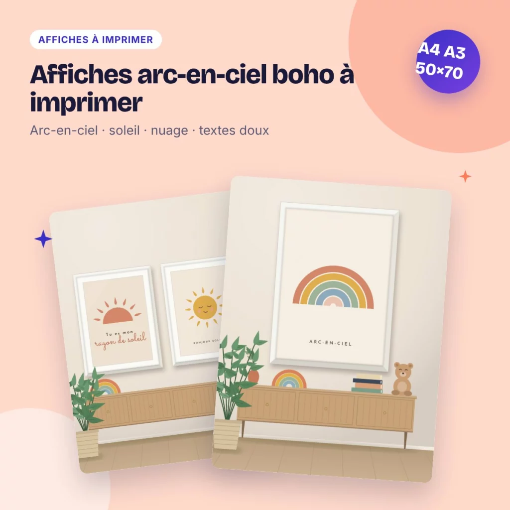 Affiches arc-en-ciel boho à imprimer – déco chambre d’enfant terracotta et sauge
