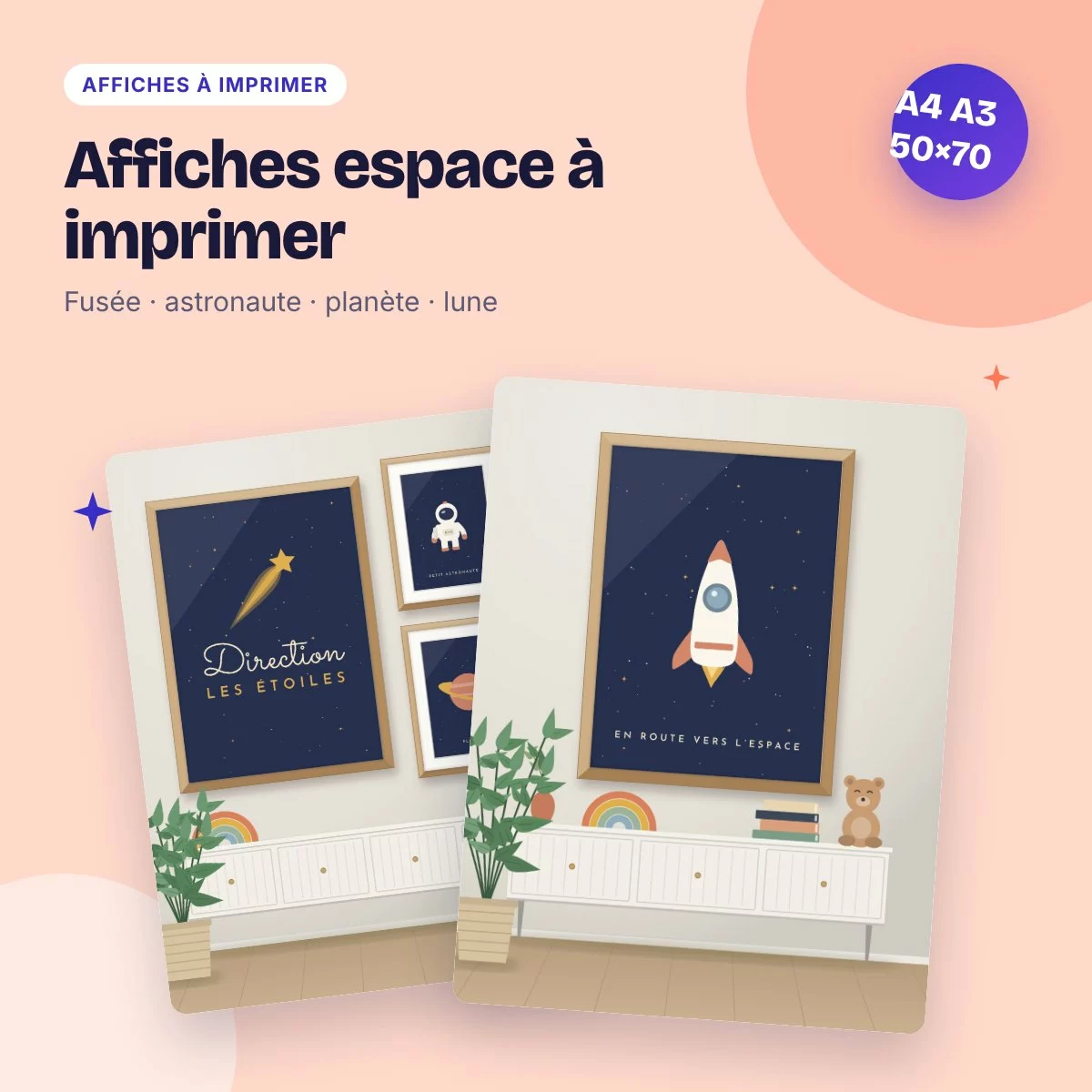 Affiches espace à imprimer – fusée, astronaute, planète, déco chambre d’enfant