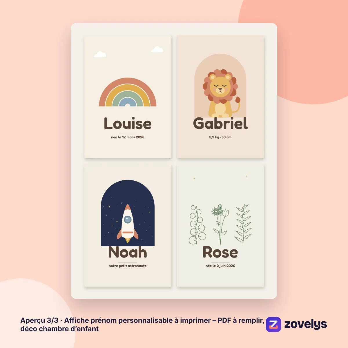 Affiche prénom personnalisable à imprimer – PDF à remplir, déco chambre d’enfant – aperçu 3