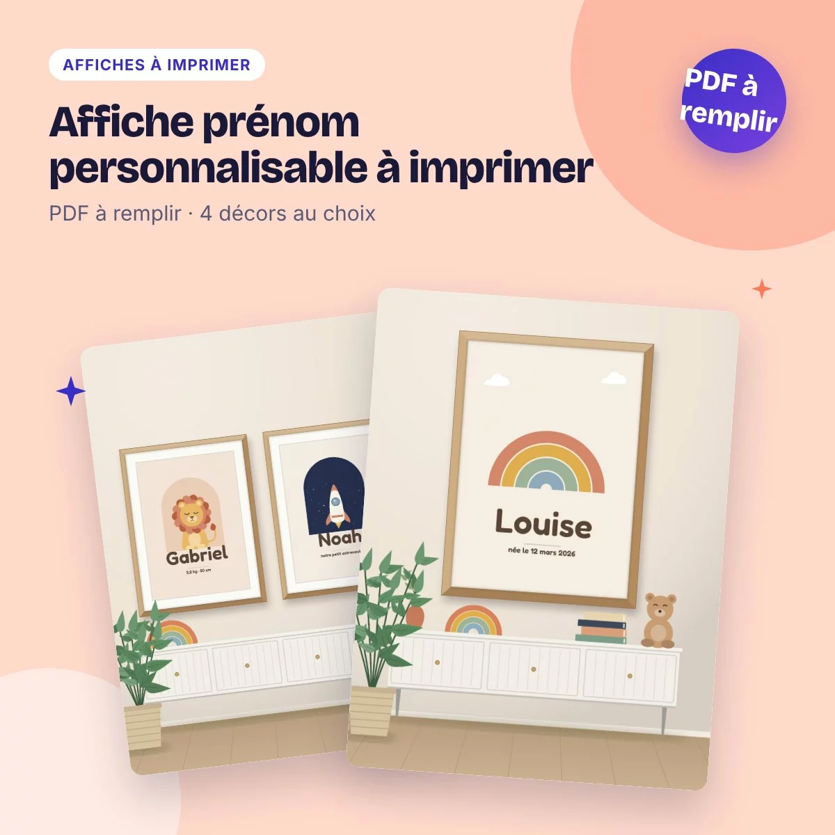 Affiche prénom personnalisable à imprimer – PDF à remplir, déco chambre d’enfant