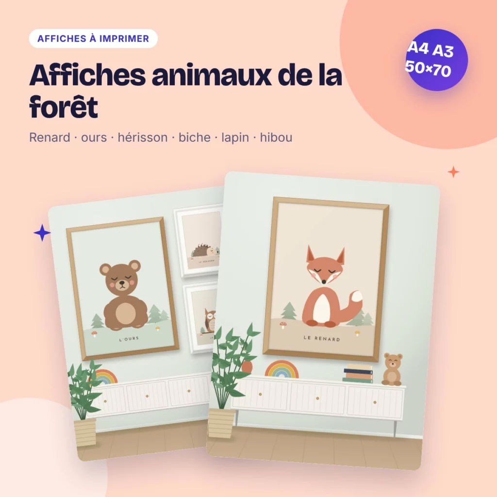 Affiches animaux de la forêt – renard, ours, hérisson, déco chambre bébé