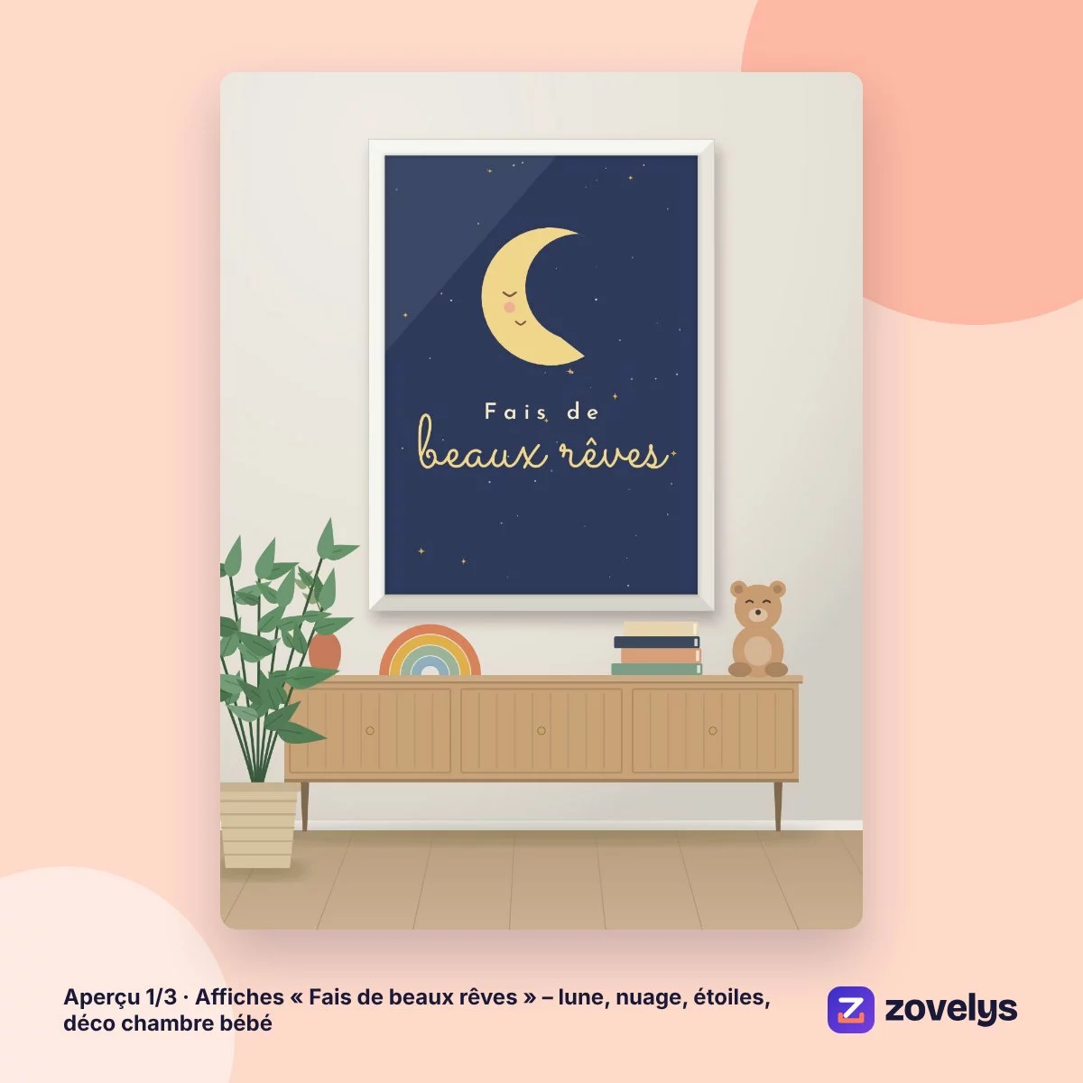 Affiches « Fais de beaux rêves » – lune, nuage, étoiles, déco chambre bébé – aperçu 1