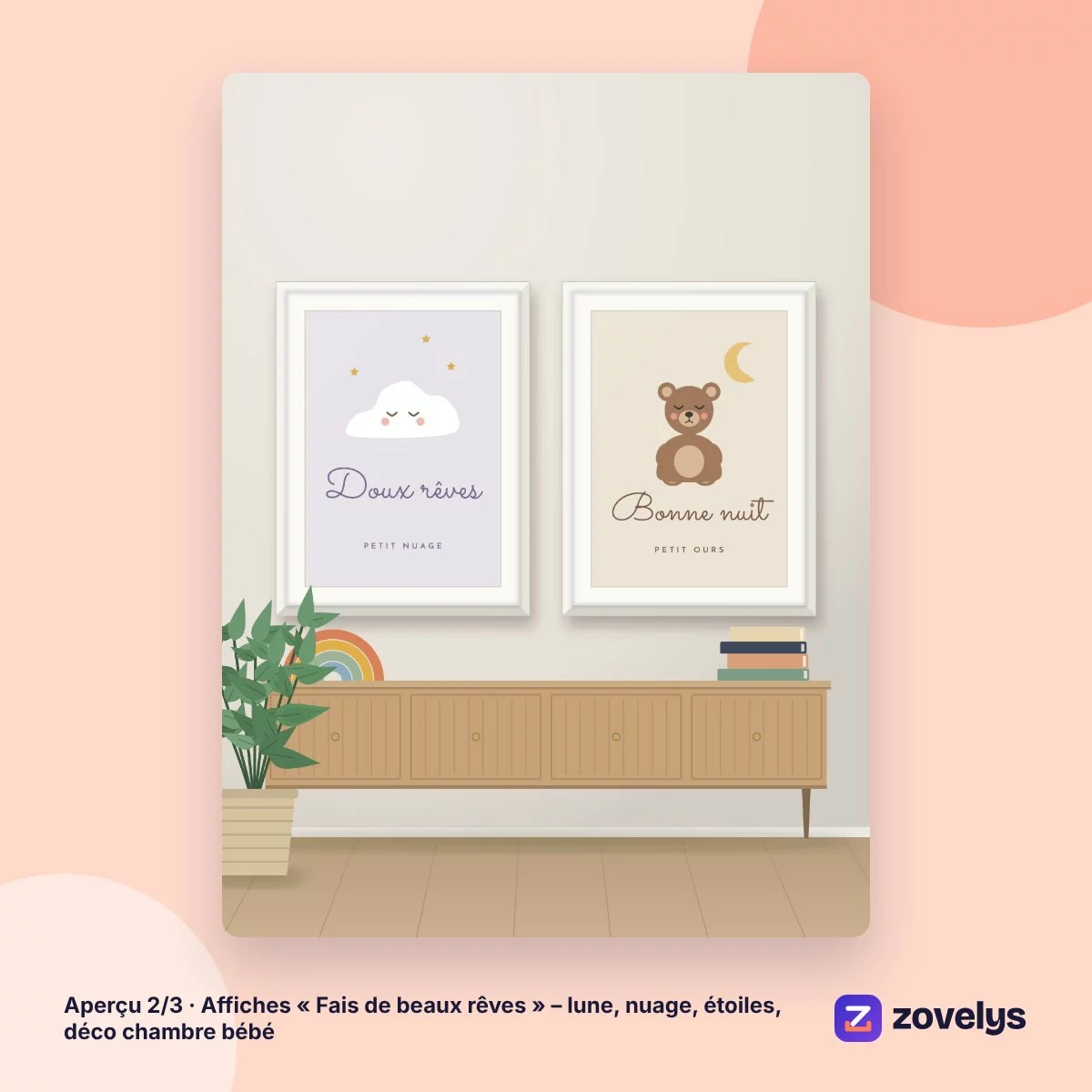 Affiches « Fais de beaux rêves » – lune, nuage, étoiles, déco chambre bébé – aperçu 2