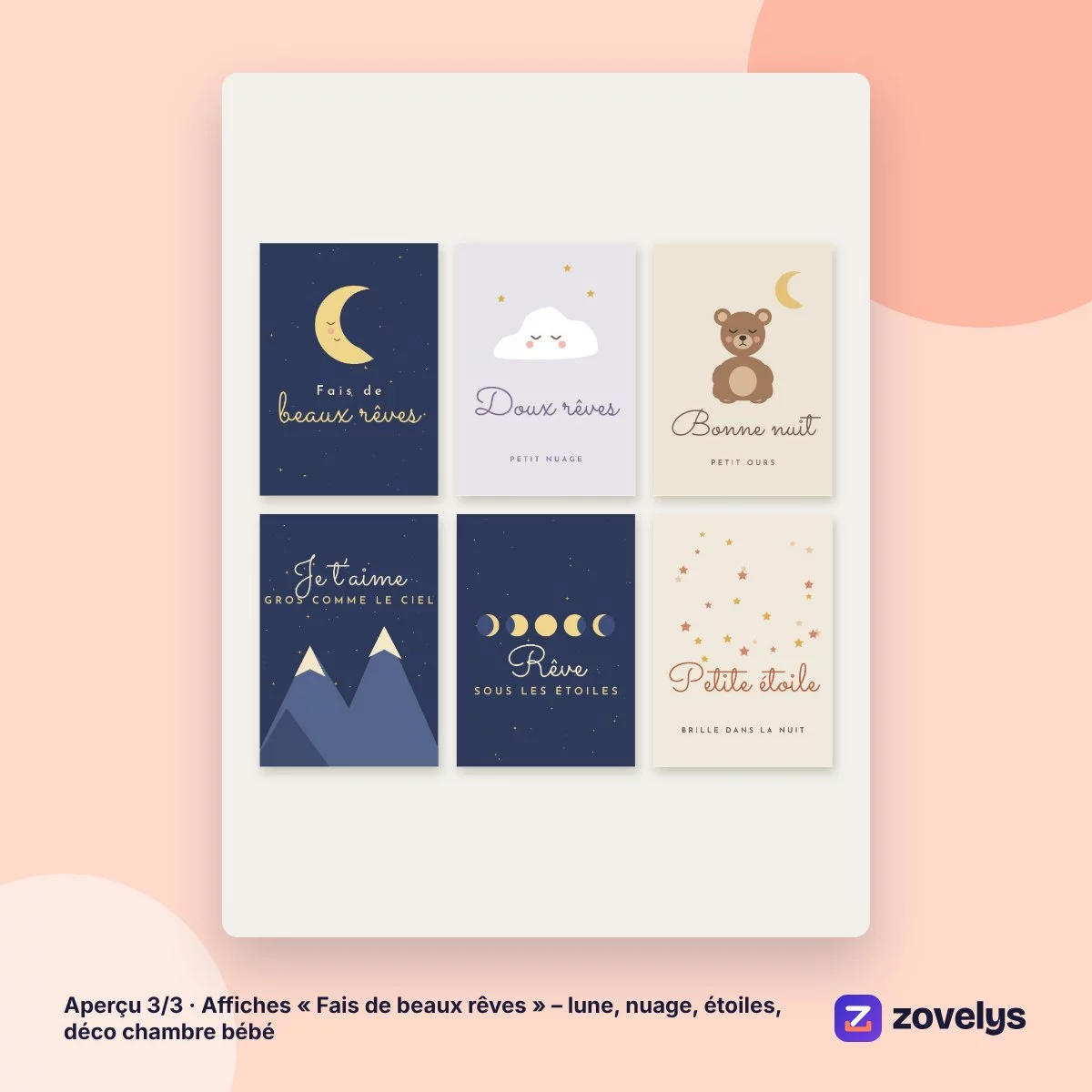 Affiches « Fais de beaux rêves » – lune, nuage, étoiles, déco chambre bébé – aperçu 3
