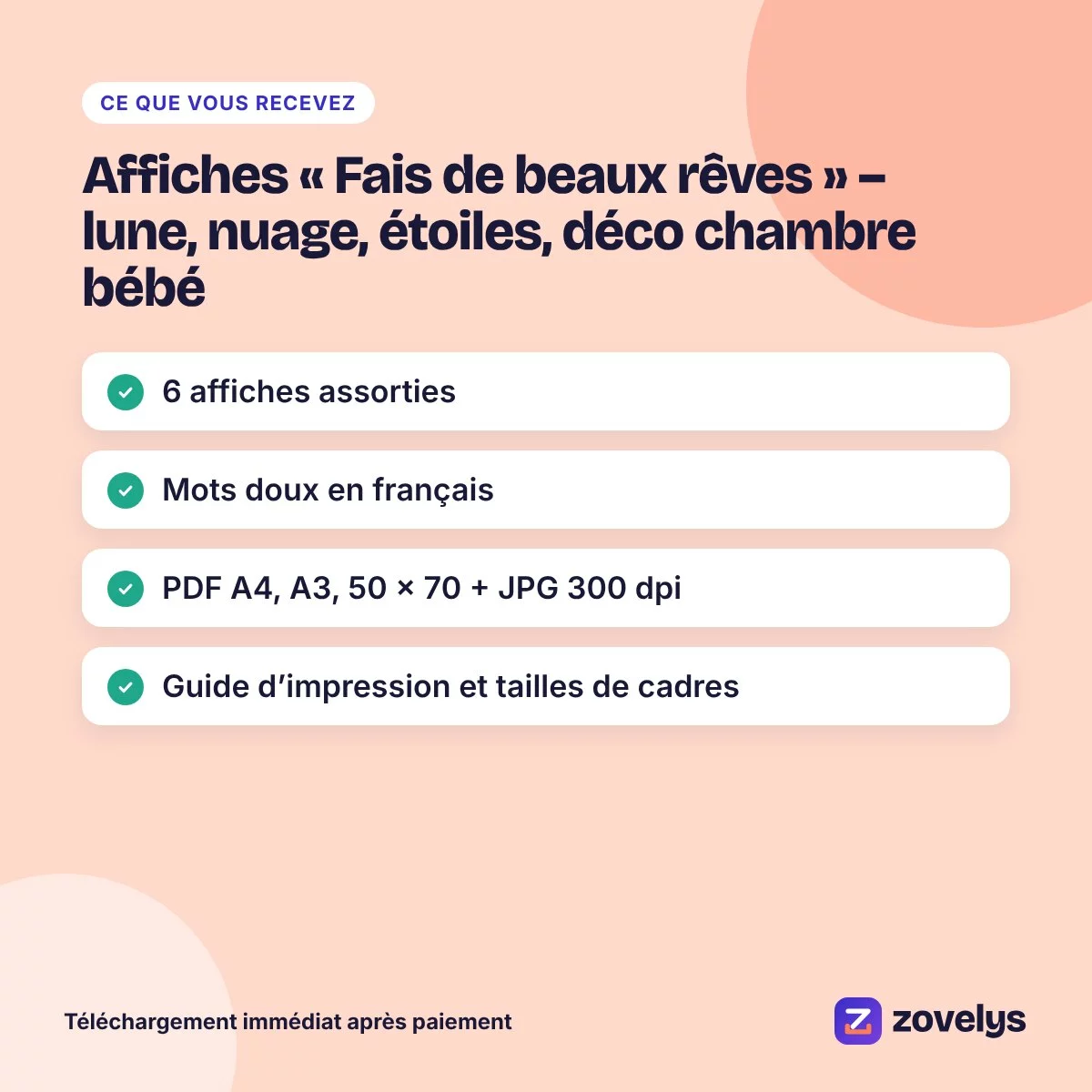 Affiches « Fais de beaux rêves » – lune, nuage, étoiles, déco chambre bébé – aperçu 4