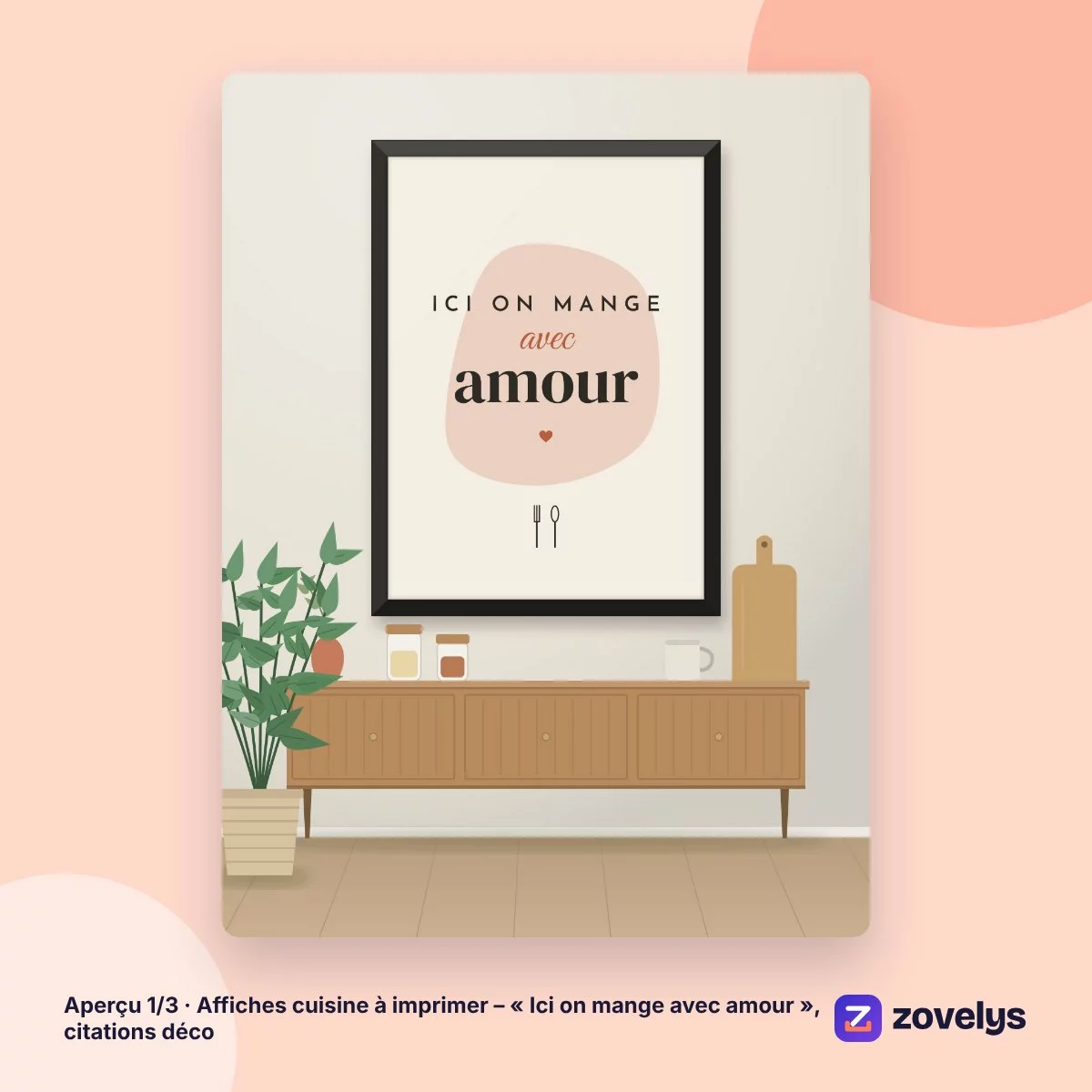 Affiches cuisine à imprimer – « Ici on mange avec amour », citations déco – aperçu 1
