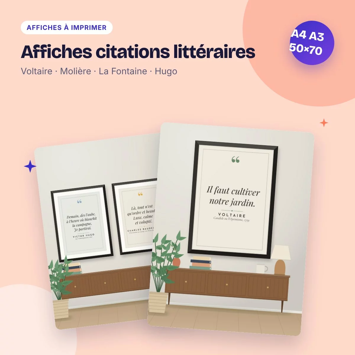 Affiches citations littéraires – Voltaire, Molière, La Fontaine, Hugo