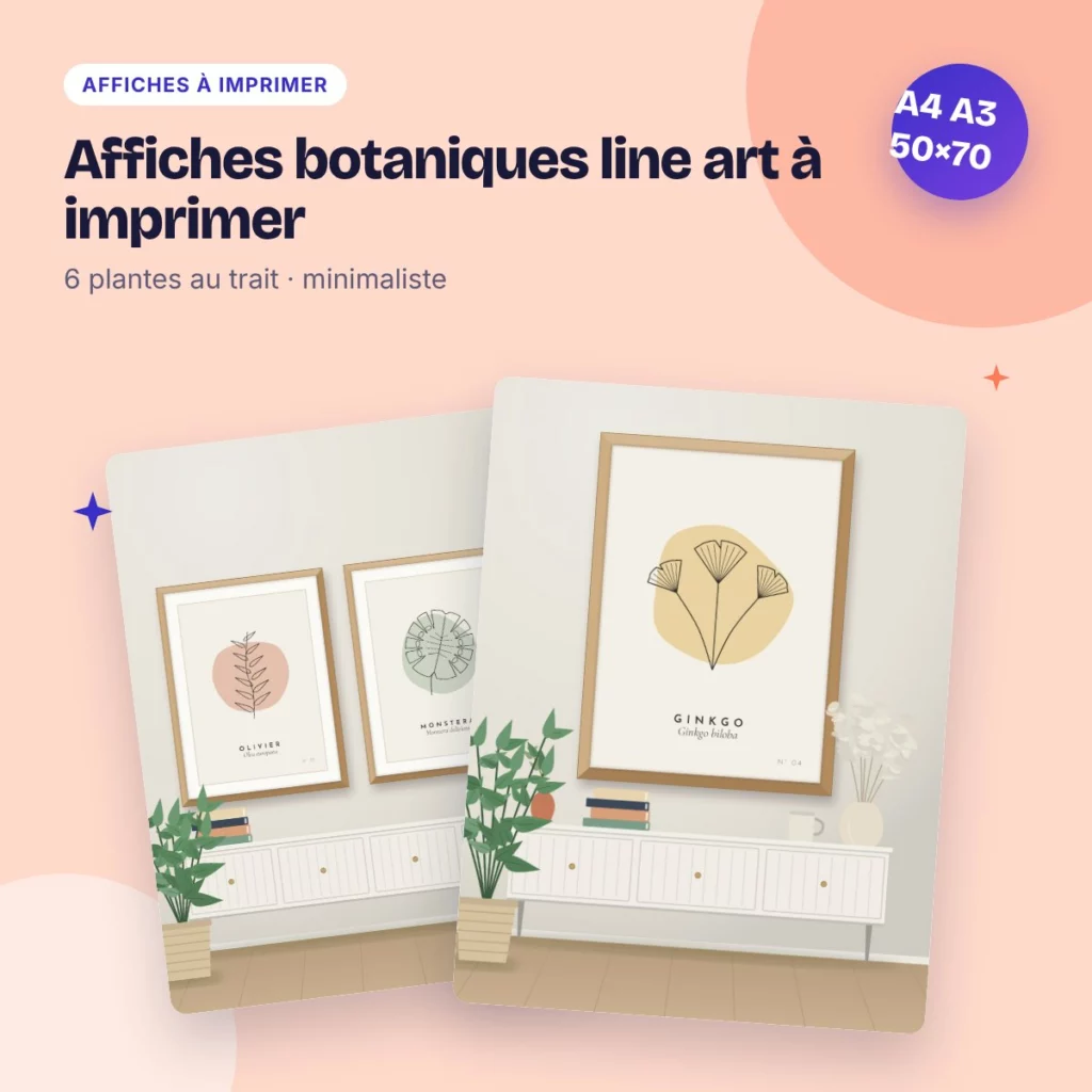 Affiches botaniques line art à imprimer – olivier, ginkgo, monstera, minimaliste