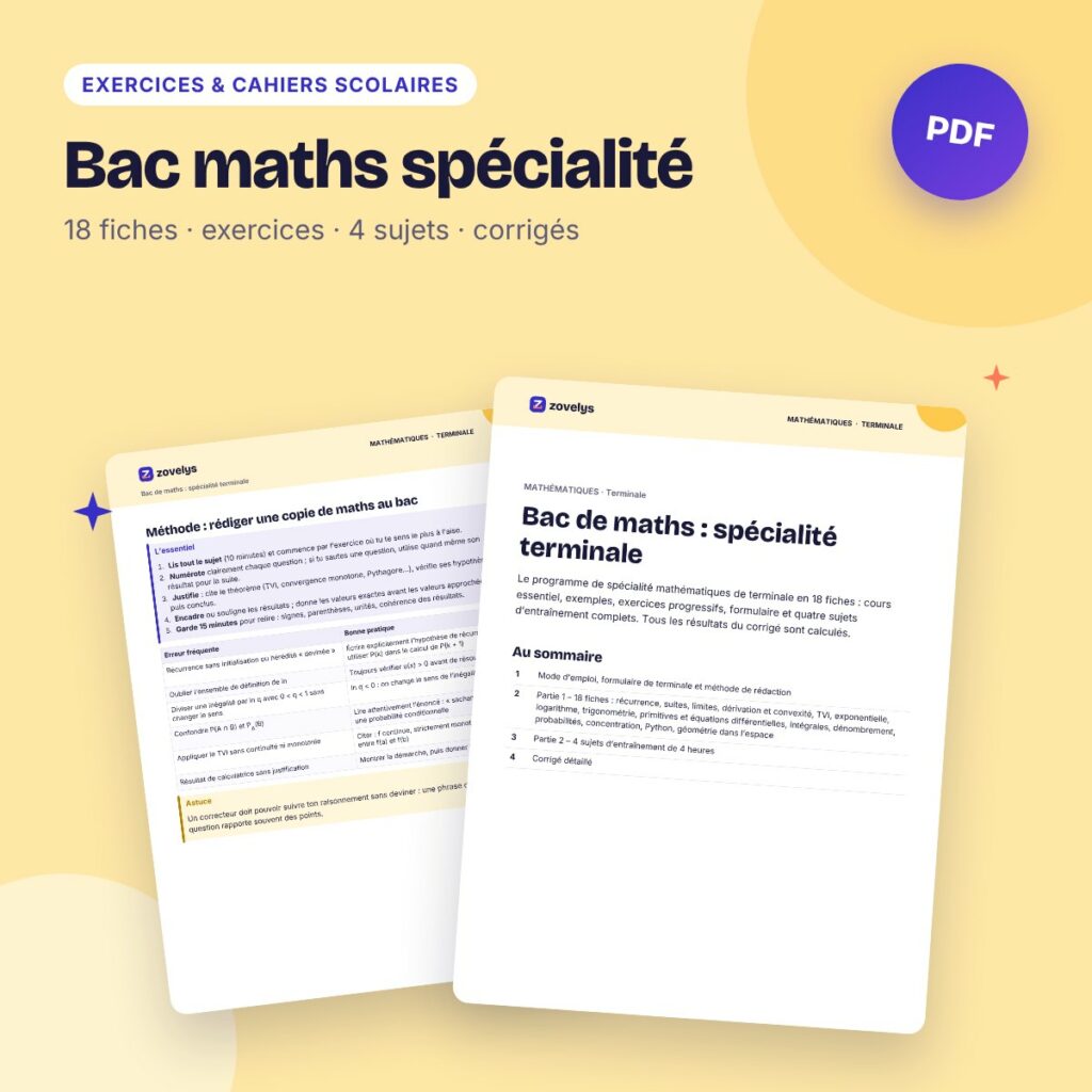 Bac maths spécialité – 18 fiches, exercices et 4 sujets corrigés (terminale)