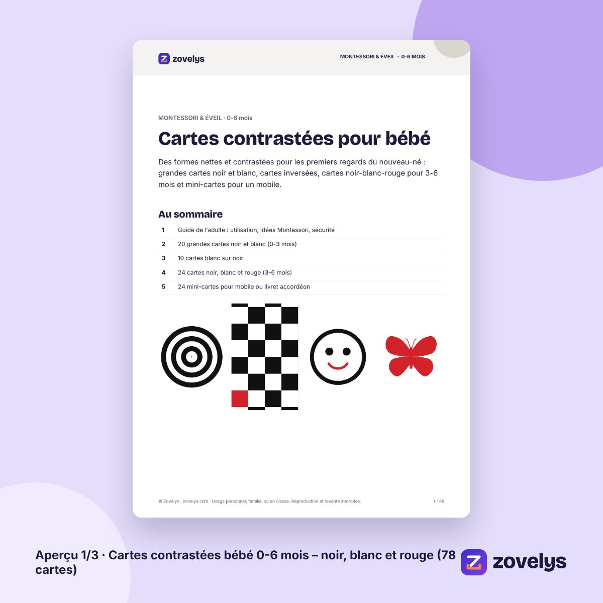 Cartes contrastées bébé 0-6 mois – noir, blanc et rouge (78 cartes) – aperçu 1