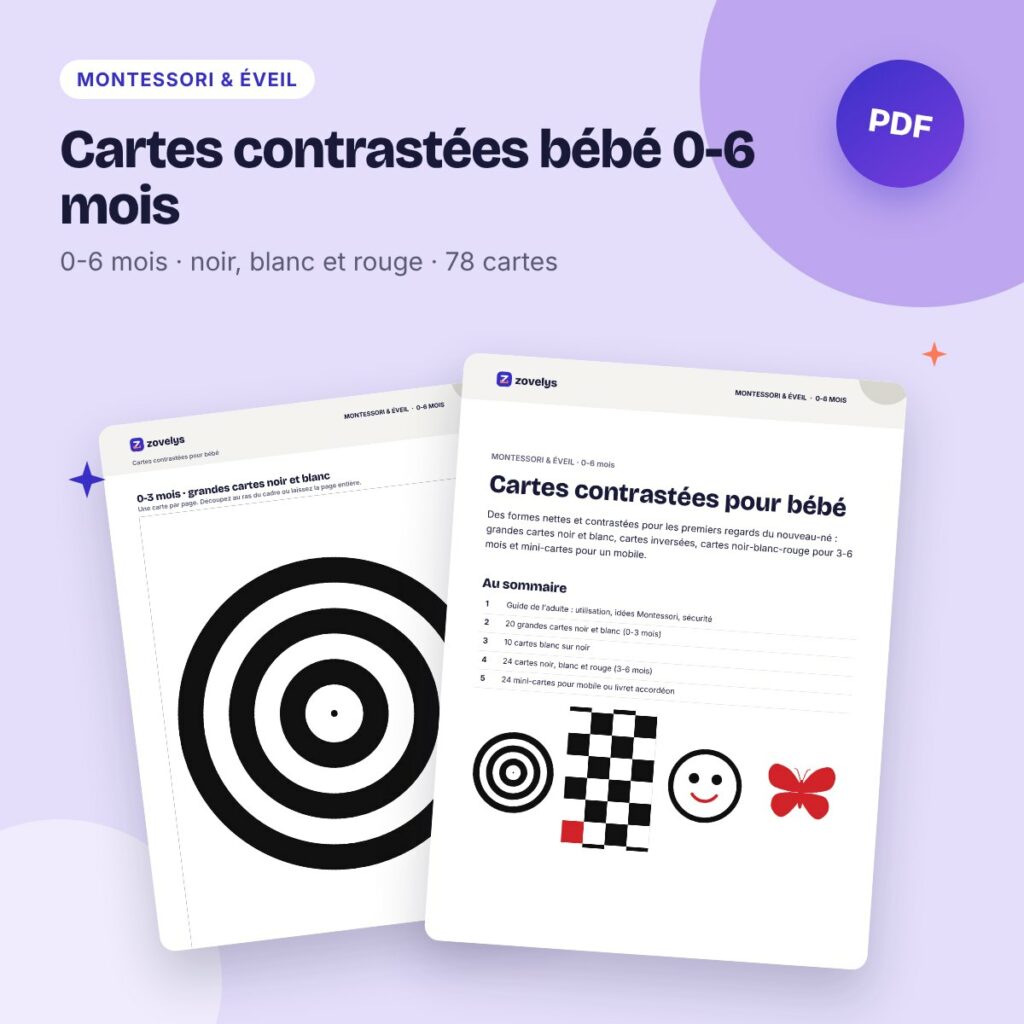 Cartes contrastées bébé 0-6 mois – noir, blanc et rouge (78 cartes)