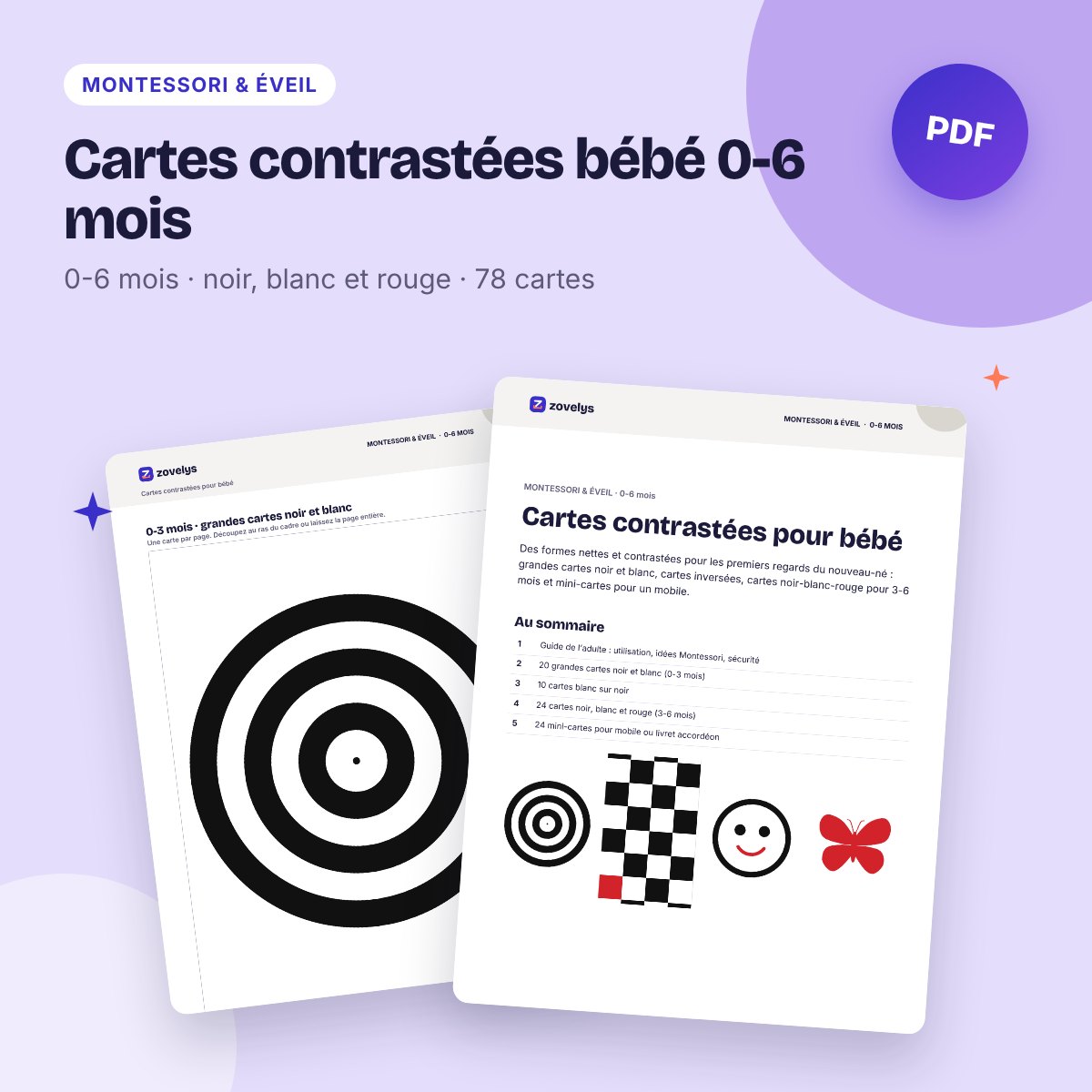 Cartes contrastées bébé 0-6 mois – noir, blanc et rouge (78 cartes)