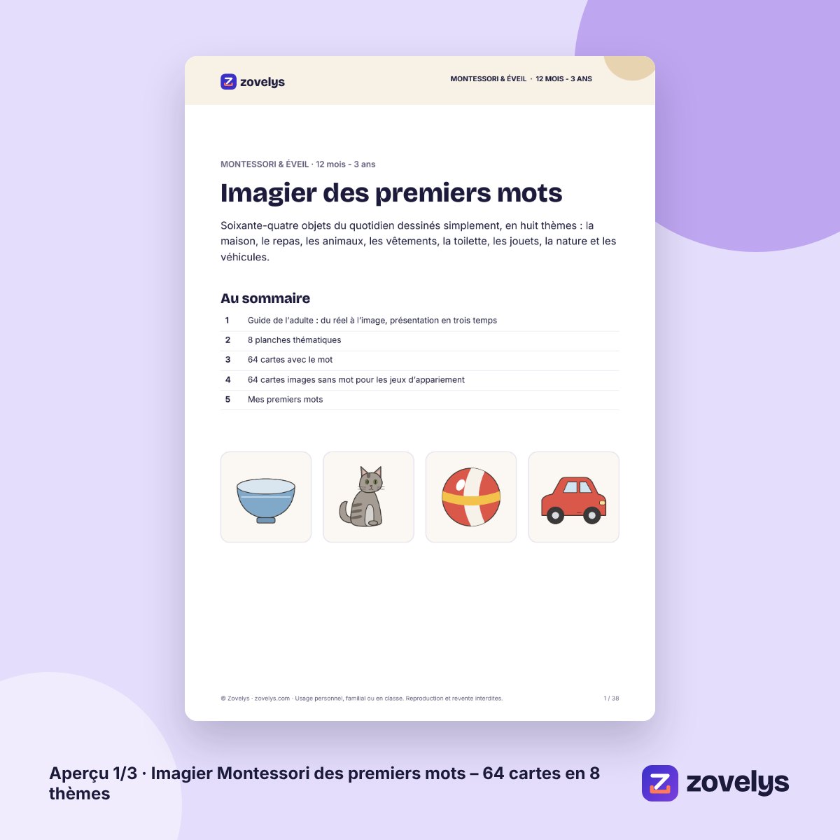 Imagier Montessori des premiers mots – 64 cartes en 8 thèmes – aperçu 1