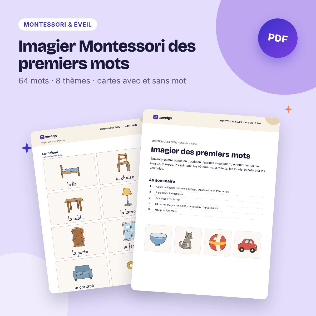 Imagier Montessori des premiers mots – 64 cartes en 8 thèmes