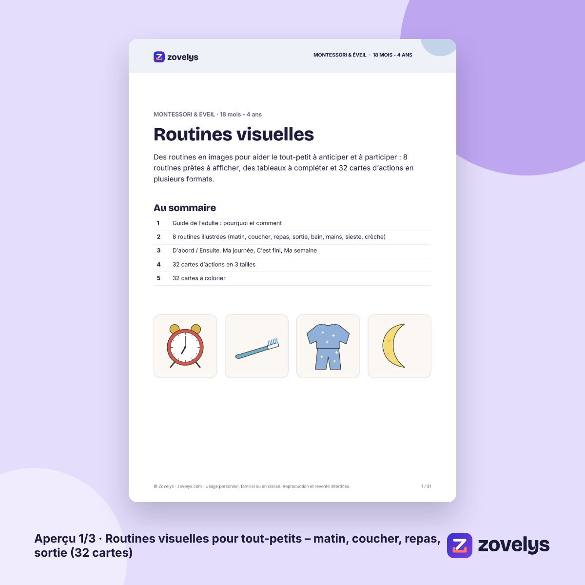 Routines visuelles pour tout-petits – matin, coucher, repas, sortie (32 cartes) – aperçu 1