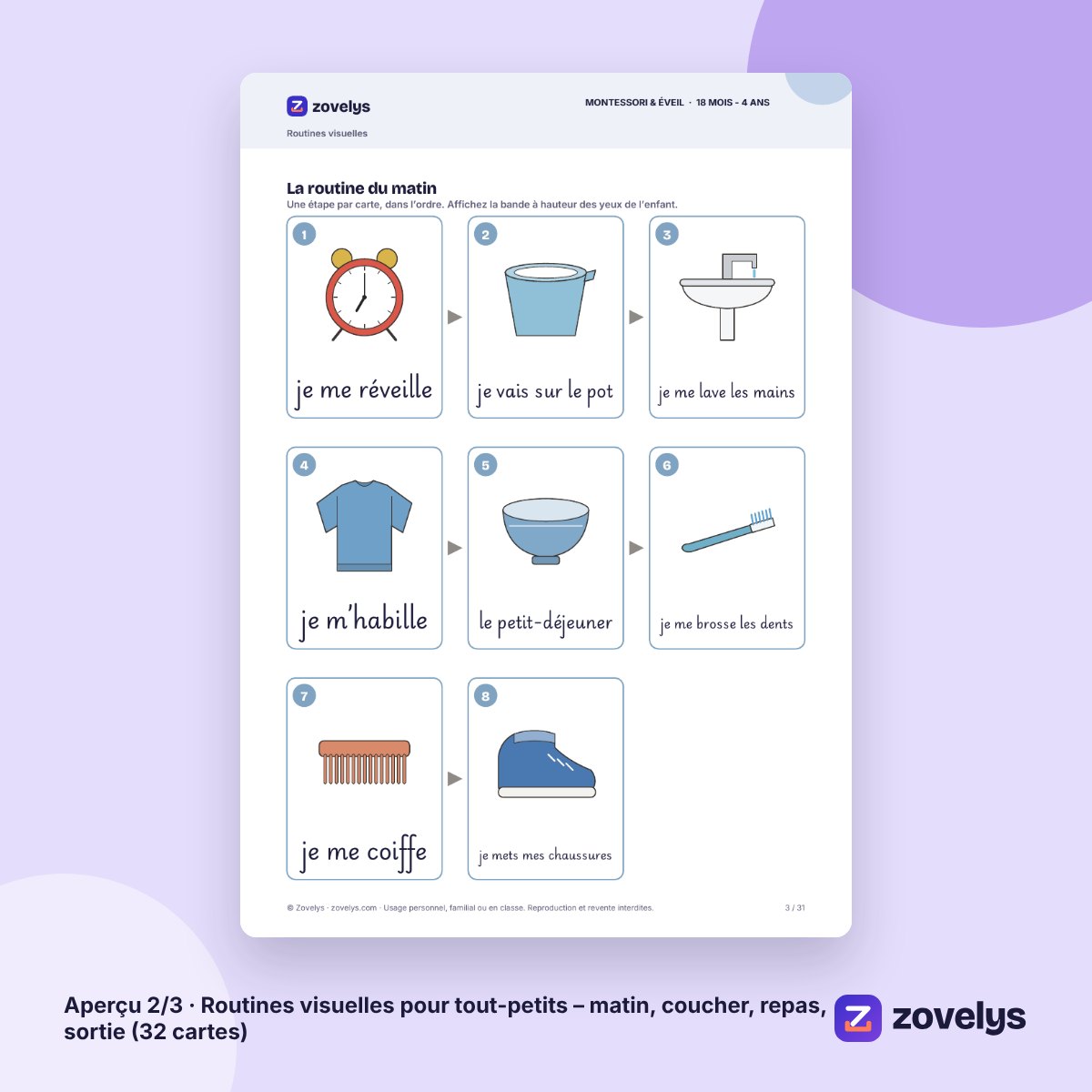Routines visuelles pour tout-petits – matin, coucher, repas, sortie (32 cartes) – aperçu 2