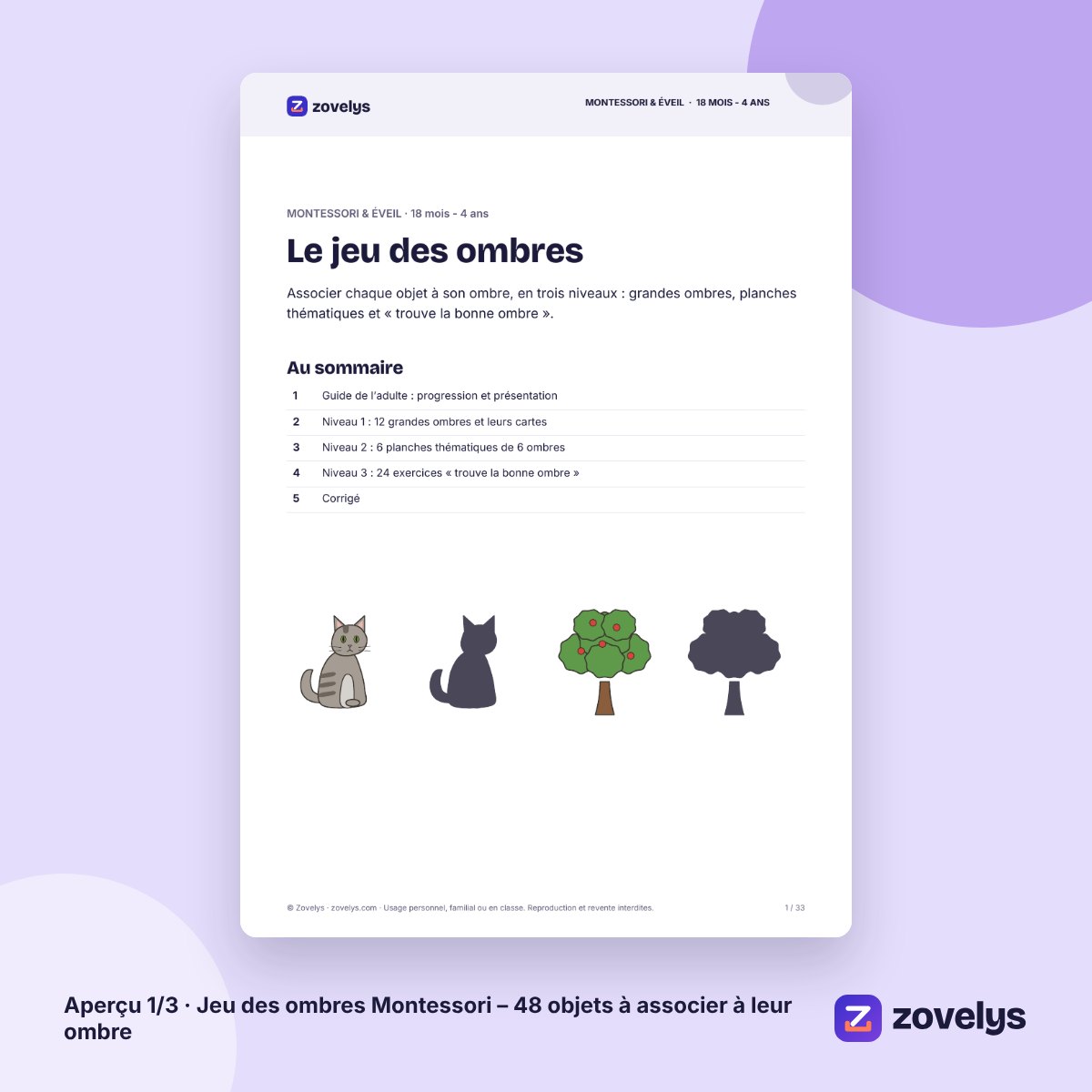 Jeu des ombres Montessori – 48 objets à associer à leur ombre – aperçu 1