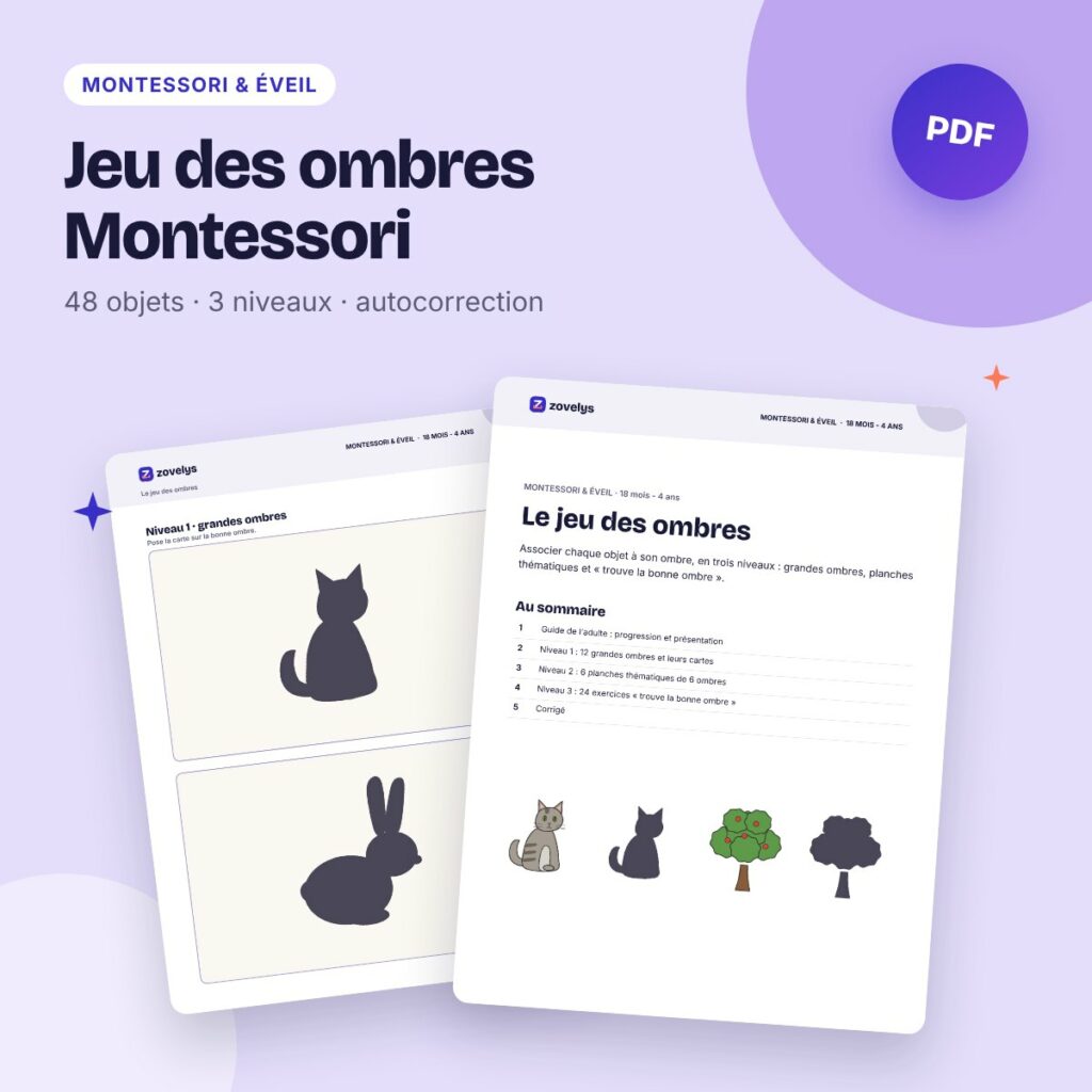 Jeu des ombres Montessori – 48 objets à associer à leur ombre