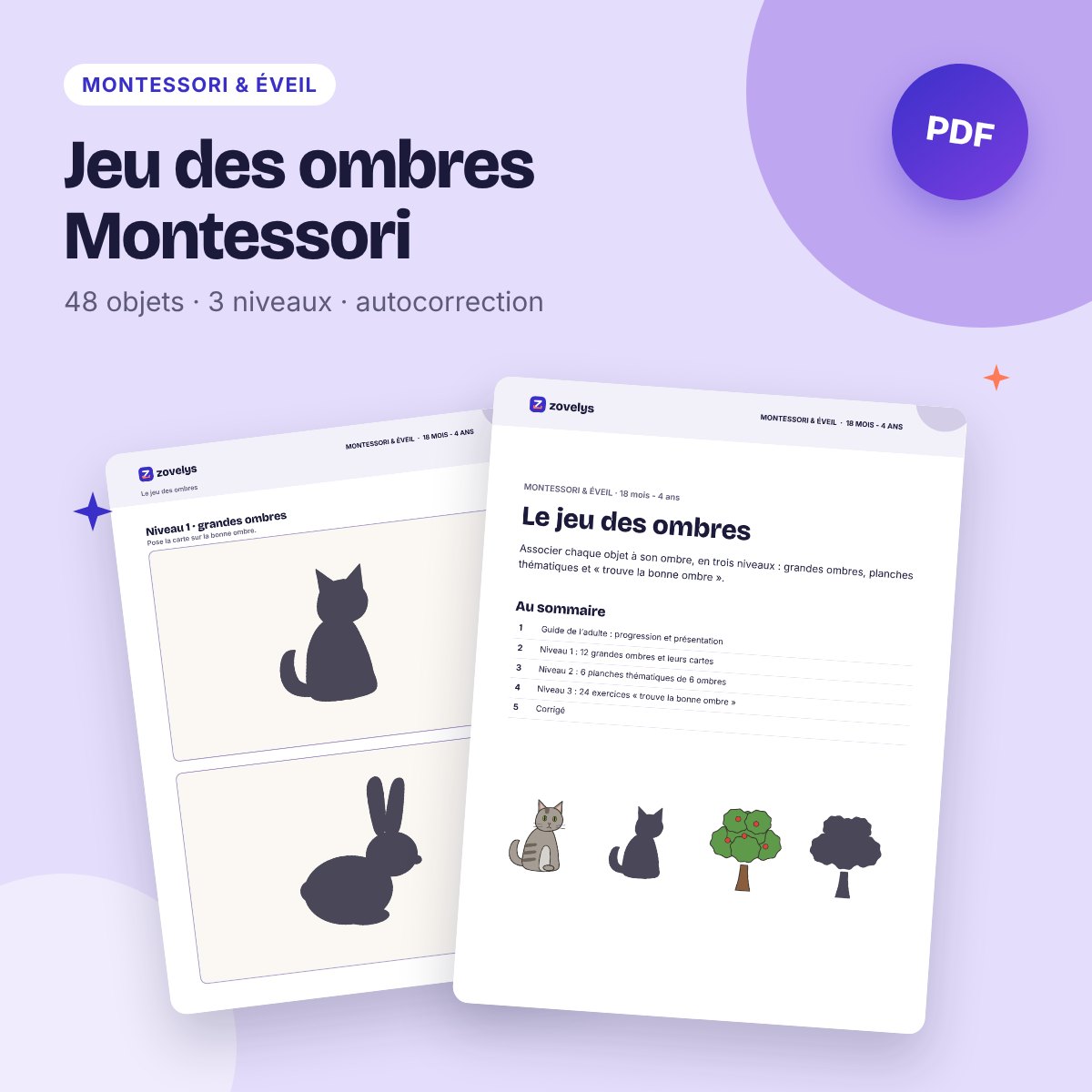 Jeu des ombres Montessori – 48 objets à associer à leur ombre