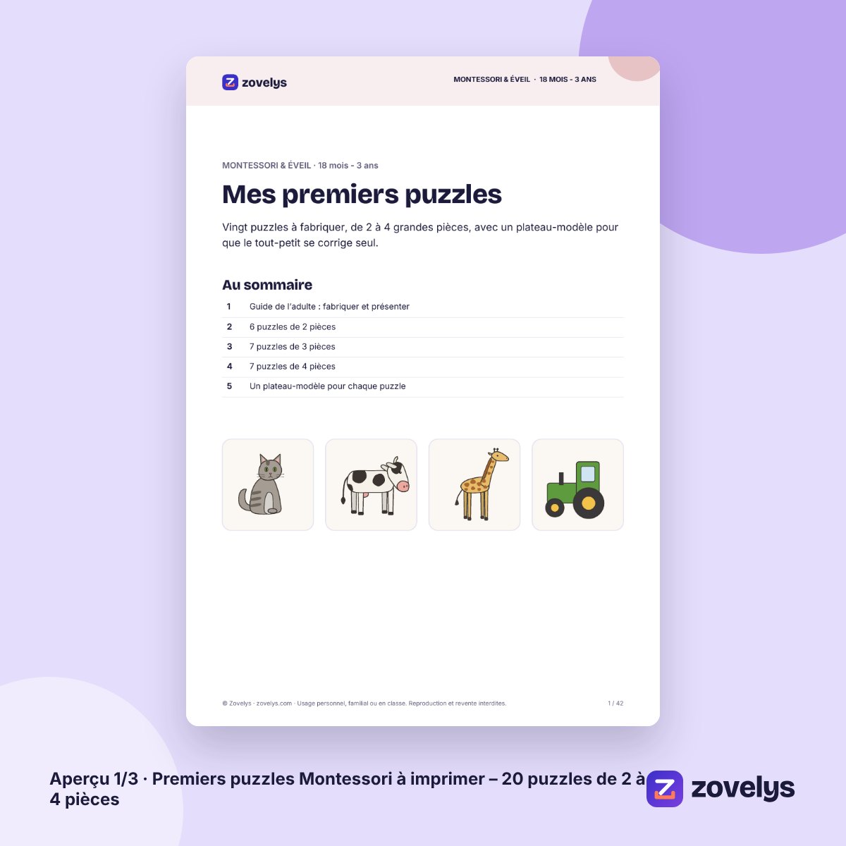 Premiers puzzles Montessori à imprimer – 20 puzzles de 2 à 4 pièces – aperçu 1
