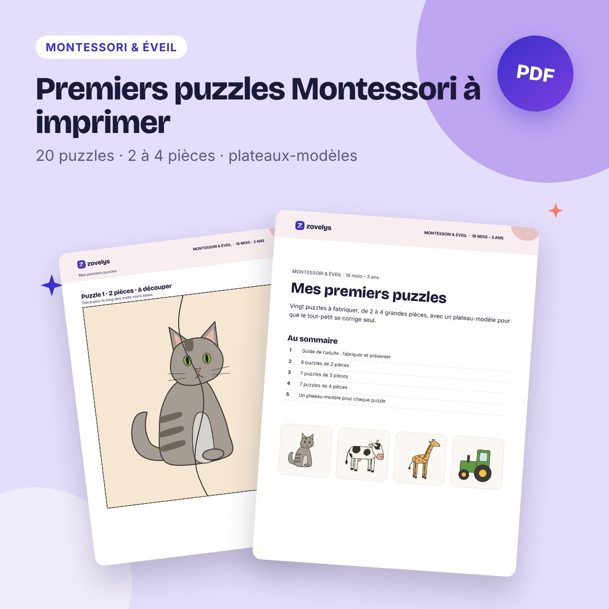 Premiers puzzles Montessori à imprimer – 20 puzzles de 2 à 4 pièces