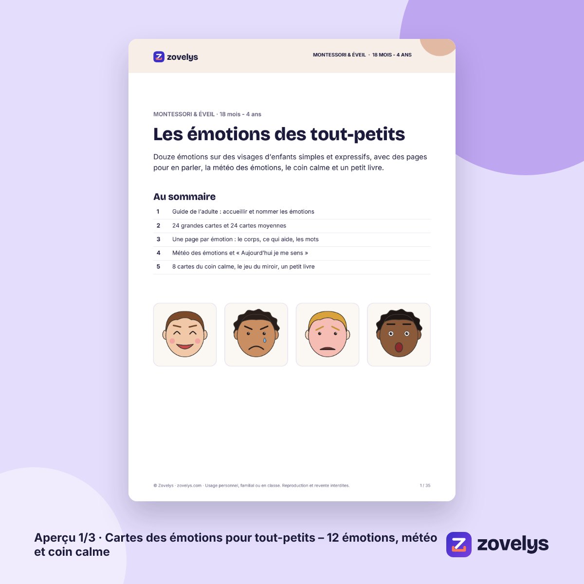 Cartes des émotions pour tout-petits – 12 émotions, météo et coin calme – aperçu 1