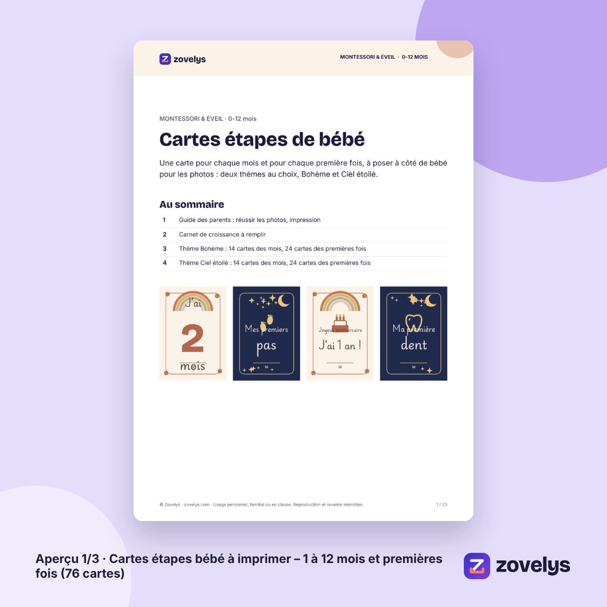 Cartes étapes bébé à imprimer – 1 à 12 mois et premières fois (76 cartes) – aperçu 1