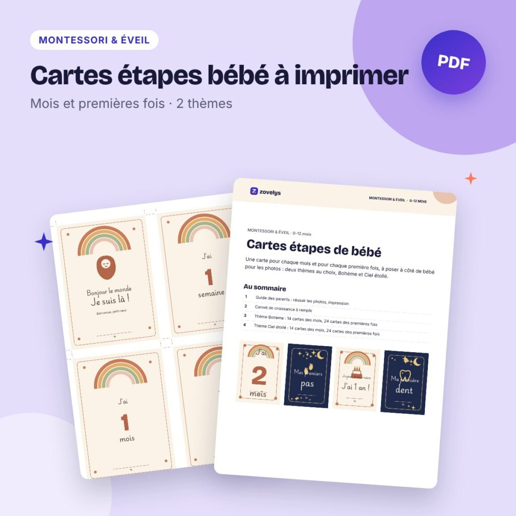 Cartes étapes bébé à imprimer – 1 à 12 mois et premières fois (76 cartes)
