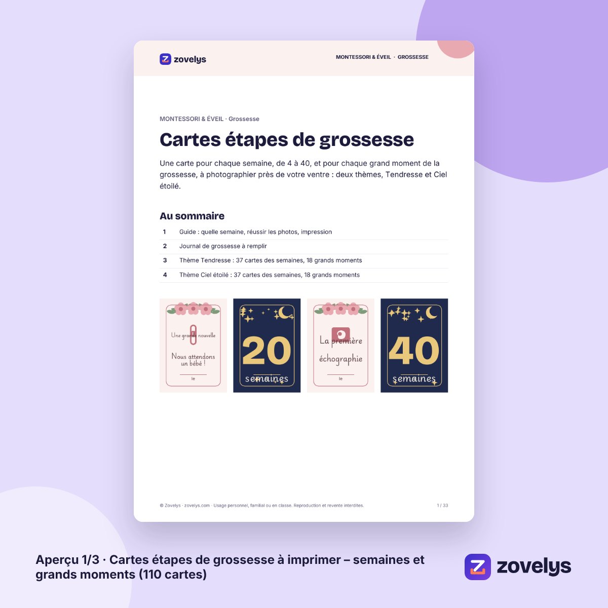 Cartes étapes de grossesse à imprimer – semaines et grands moments (110 cartes) – aperçu 1