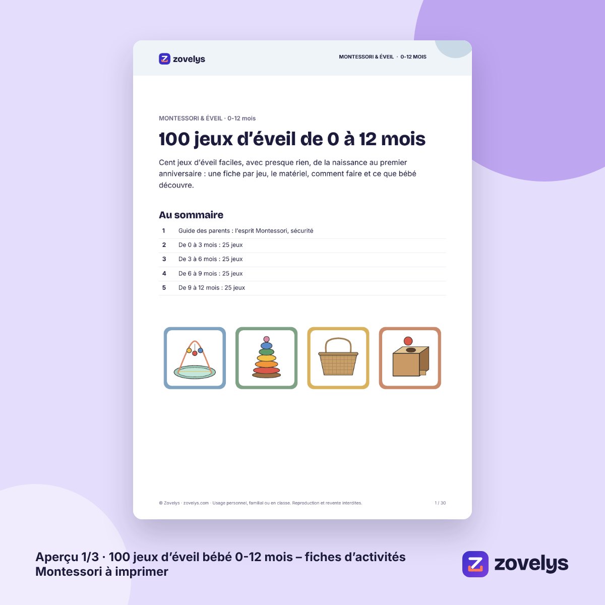 100 jeux d’éveil bébé 0-12 mois – fiches d’activités Montessori à imprimer – aperçu 1