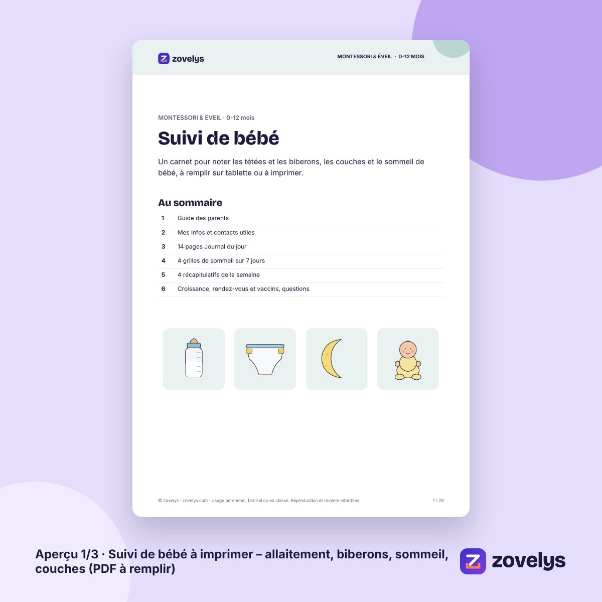 Suivi de bébé à imprimer – allaitement, biberons, sommeil, couches (à remplir) – aperçu 1