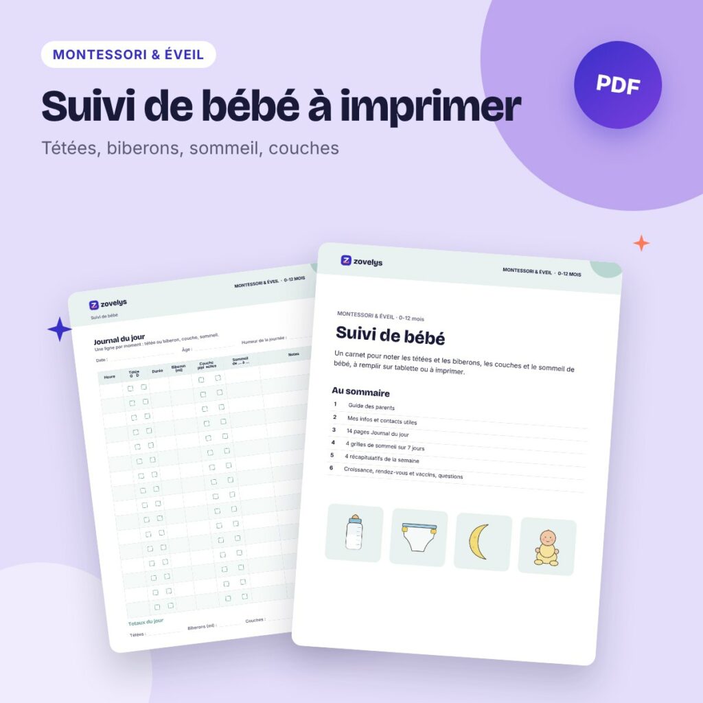 Suivi de bébé à imprimer – allaitement, biberons, sommeil, couches (à remplir)