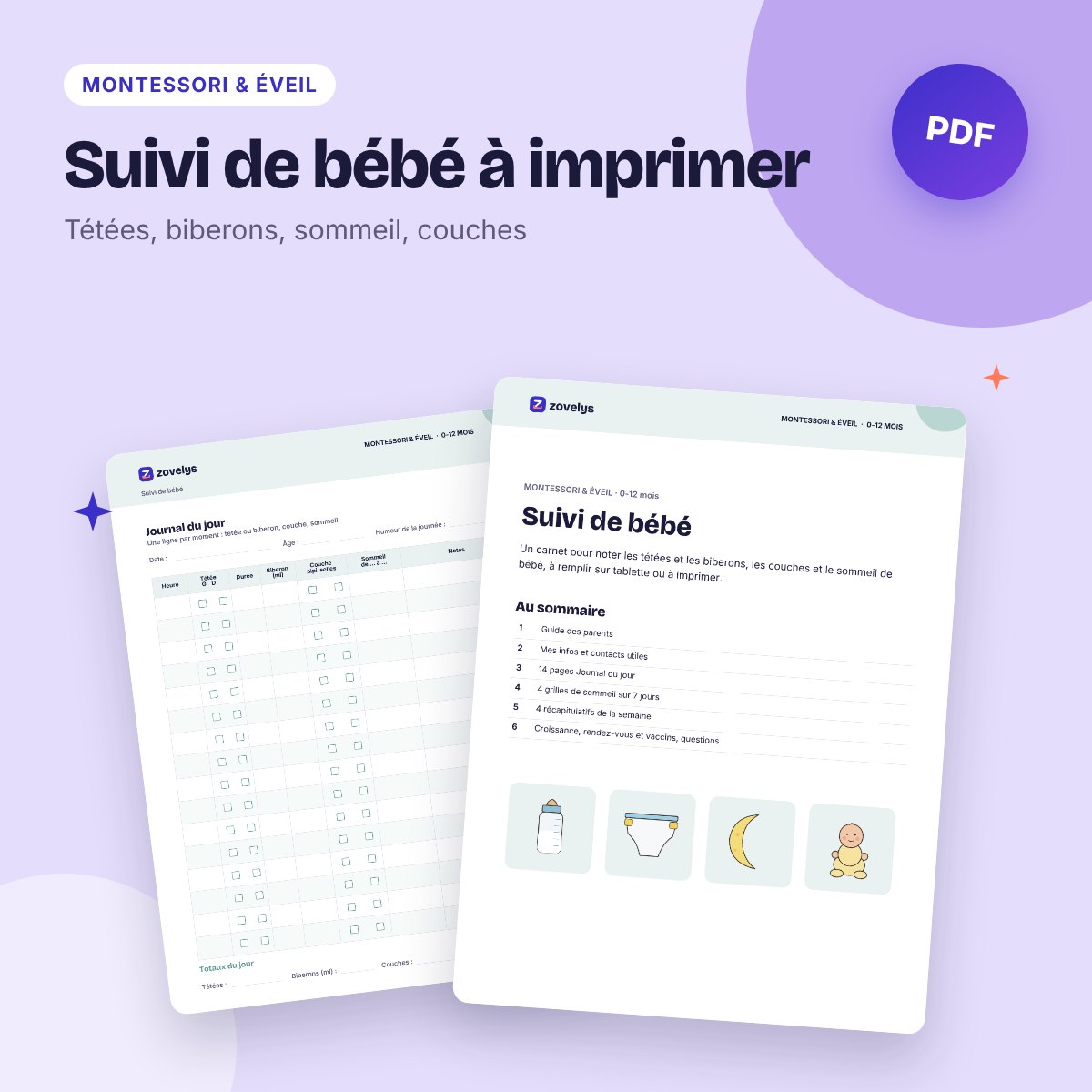 Suivi de bébé à imprimer – allaitement, biberons, sommeil, couches (à remplir)