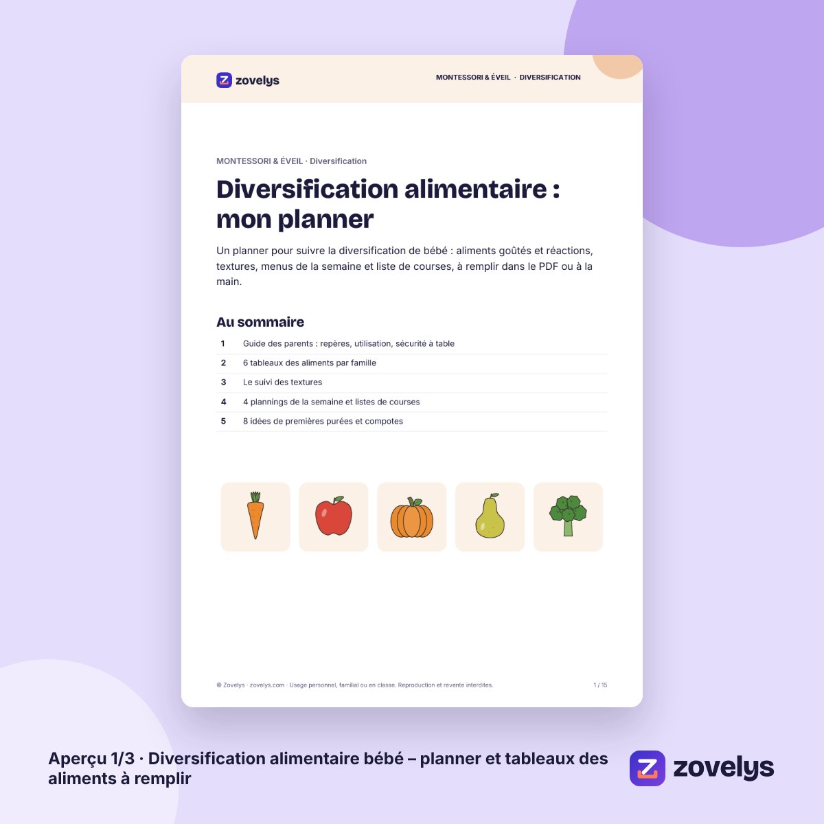 Diversification alimentaire bébé – planner et tableaux des aliments à remplir – aperçu 1