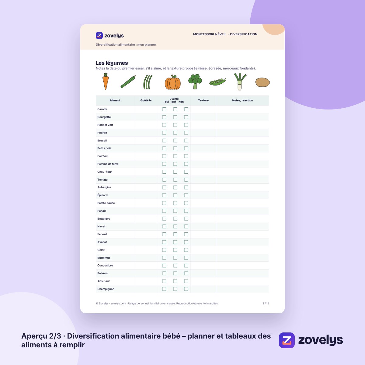 Diversification alimentaire bébé – planner et tableaux des aliments à remplir – aperçu 2