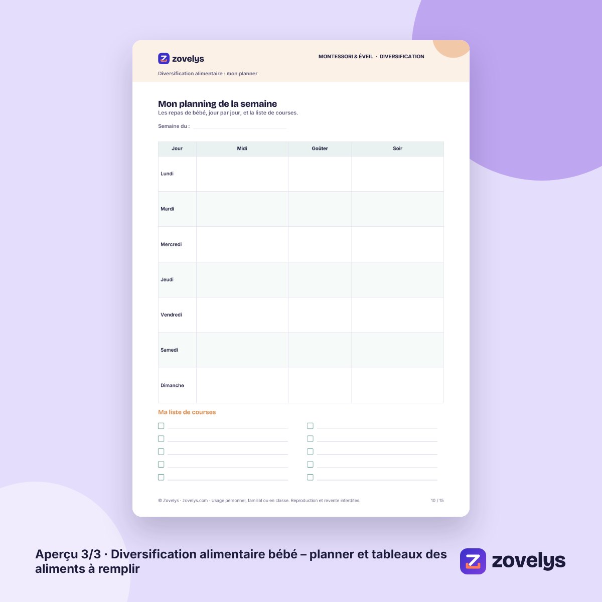 Diversification alimentaire bébé – planner et tableaux des aliments à remplir – aperçu 3