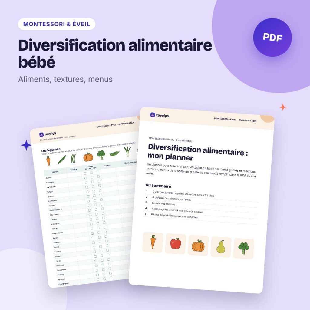 Diversification alimentaire bébé – planner et tableaux des aliments à remplir