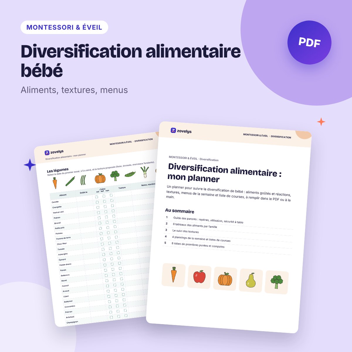 Diversification alimentaire bébé – planner et tableaux des aliments à remplir