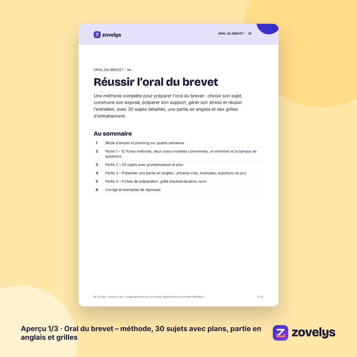 Oral du brevet – méthode, 30 sujets avec plans, partie en anglais et grilles – aperçu 1