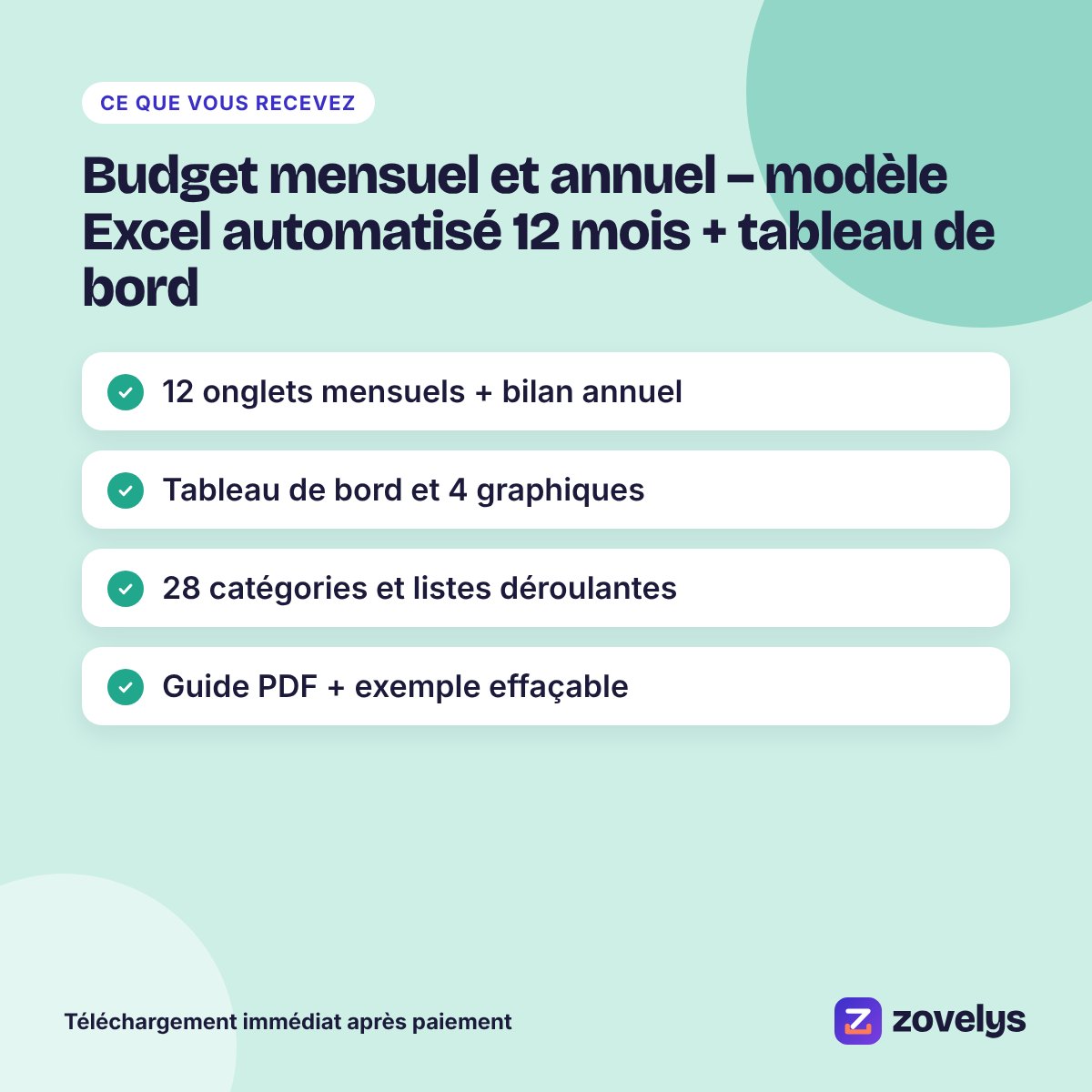 Budget mensuel et annuel – modèle Excel automatisé 12 mois + tableau de bord – aperçu 4