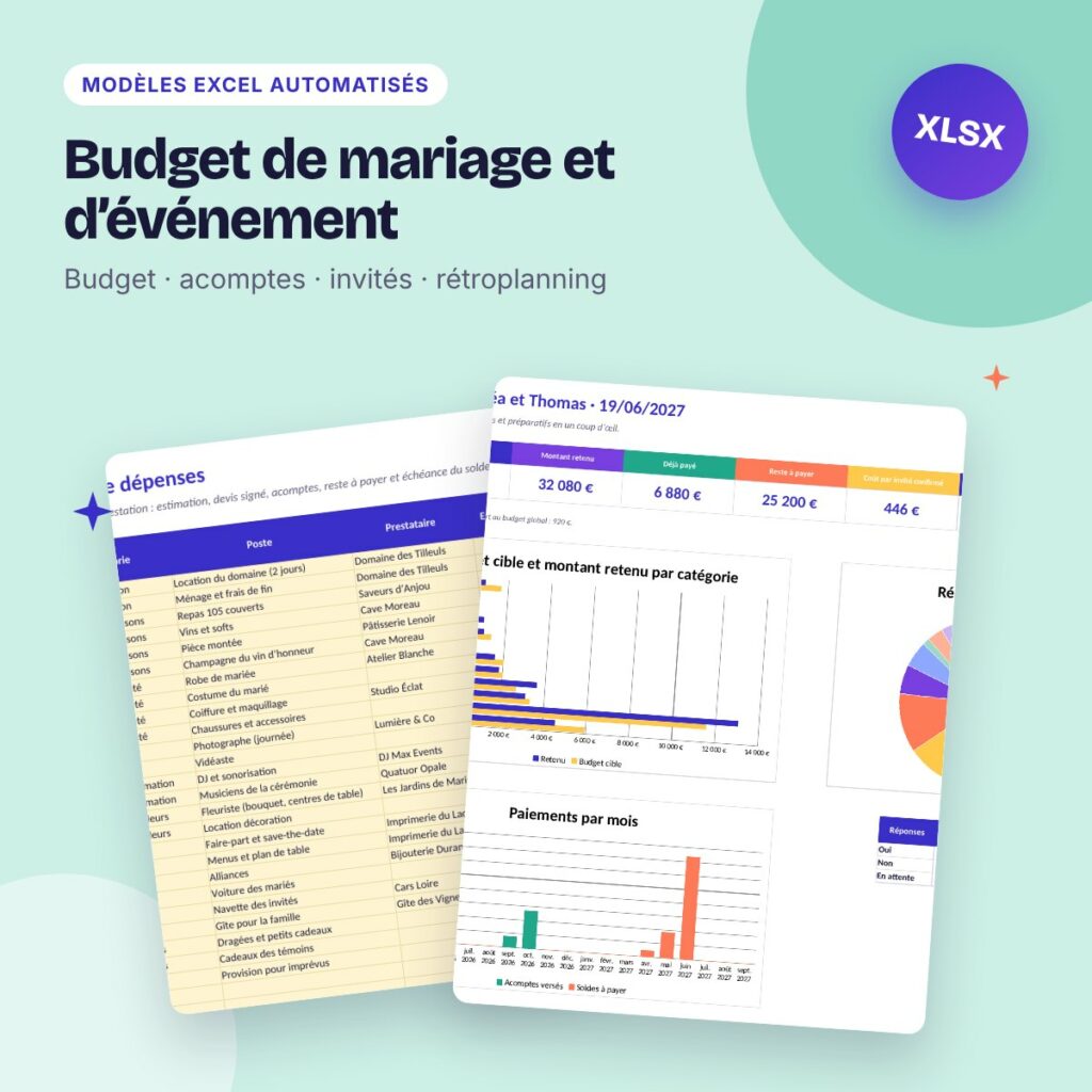 Budget de mariage et d’événement – Excel : dépenses, invités, rétroplanning